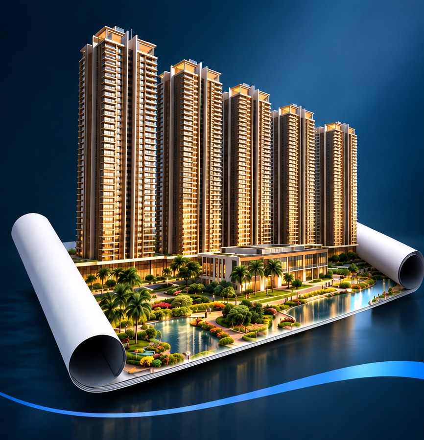 Model of high-rise residential towers with landscaped gardens, shown on a rolled architectural plan